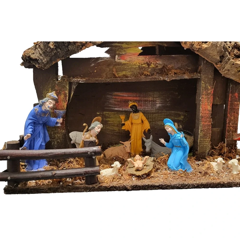 VTG Nativity Creche Stable w/Light Figures Made with Tree Bark Moss Italy Rustic